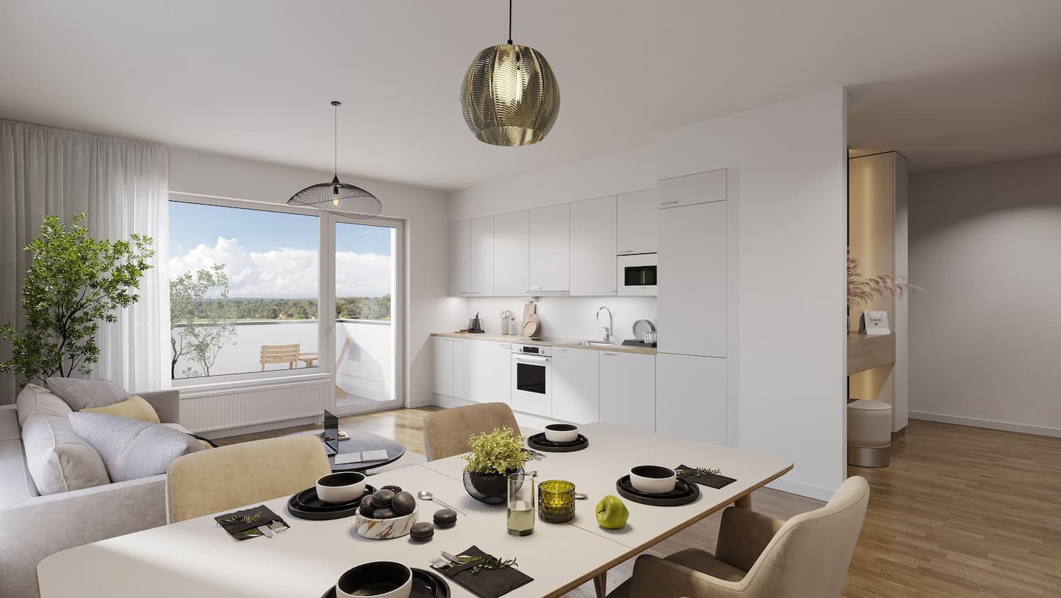 65 m² Apartment apartment kitchen and living room interior with balcony access