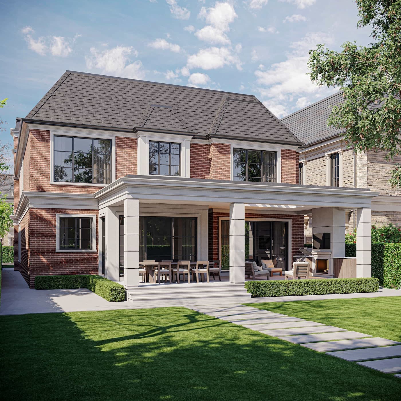 Classic brick house with a rear terrace and landscaped garden