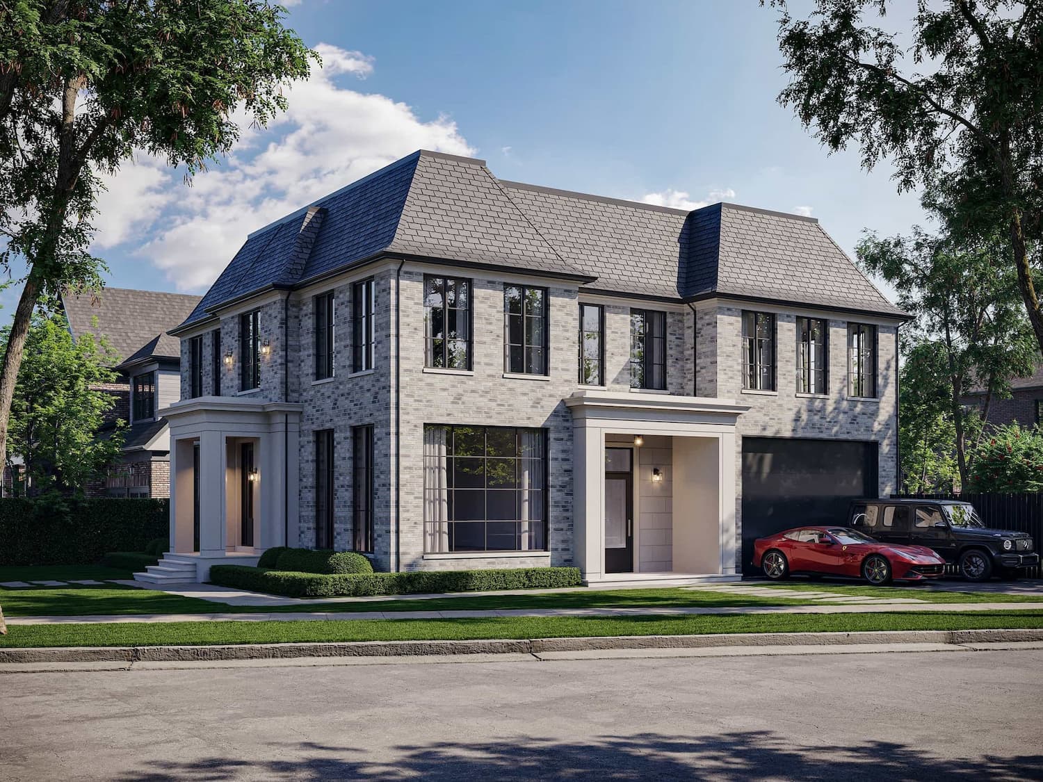 Large grey-brick private house with classical proportions and a black garage