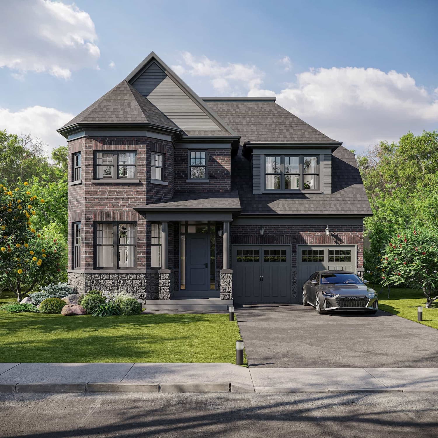 Exterior Visualization of a Dark Brick Suburban Residence