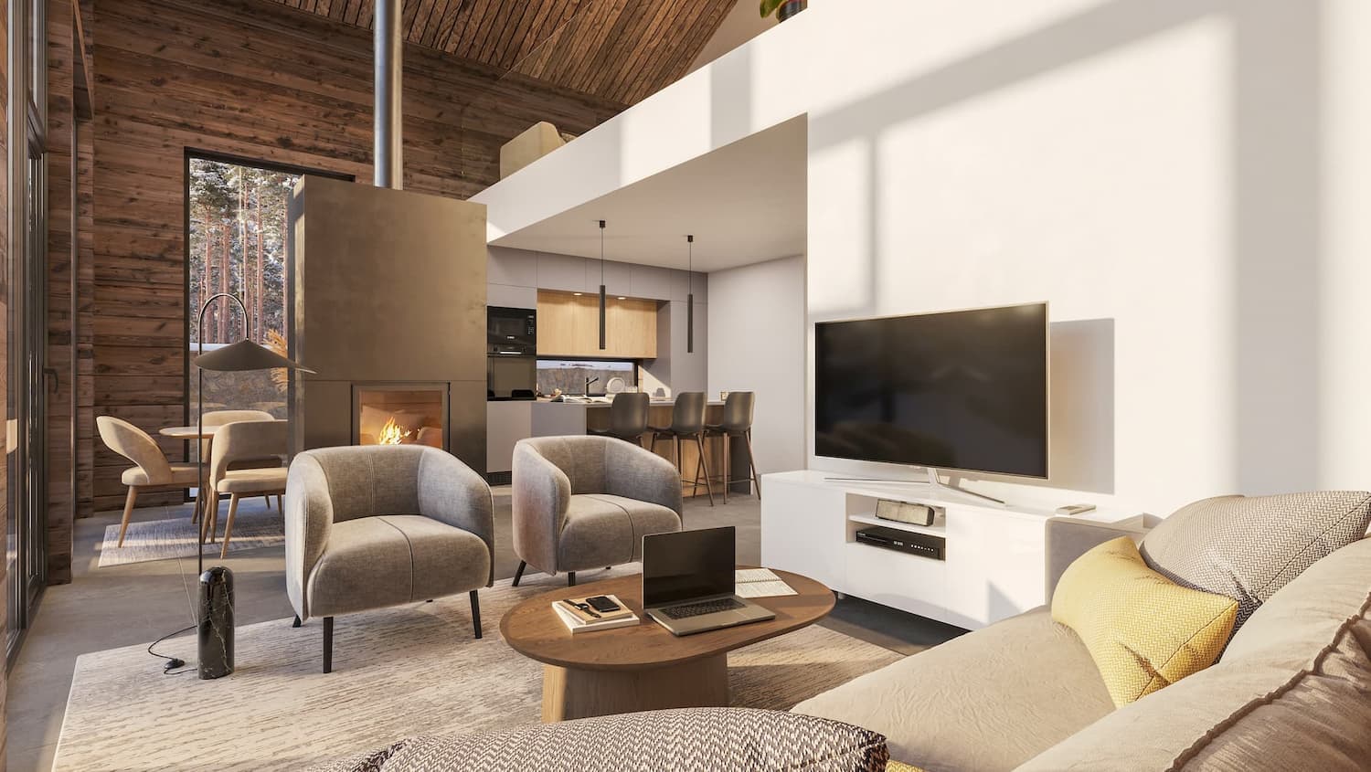 Bright double-height Winter Timber House living room with a fireplace, kitchen, and timber walls