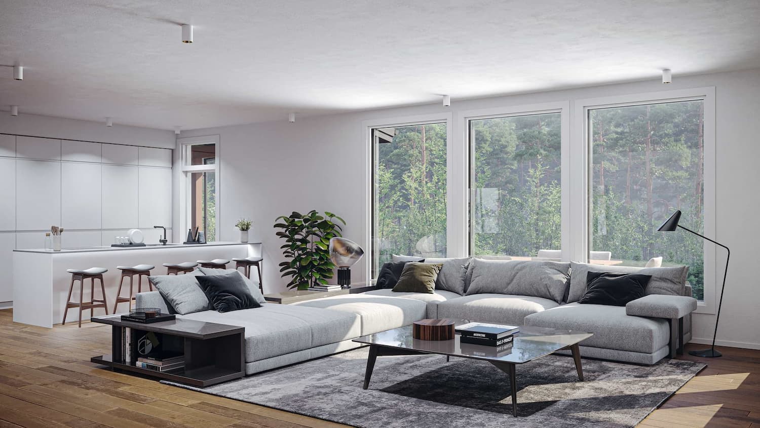 Bright Pine Forest House kitchen and living room with large windows facing the pine forest