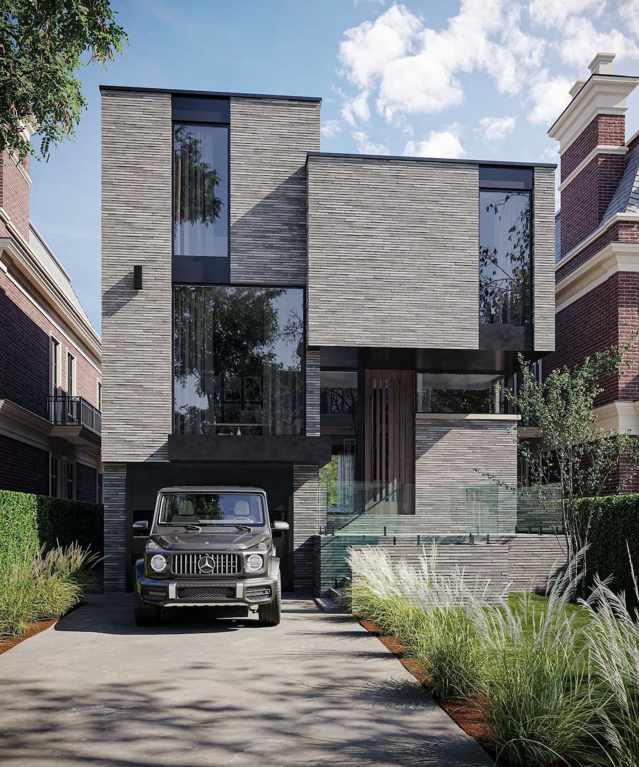 Exterior Visualization of a Grey Brick Urban Infill House