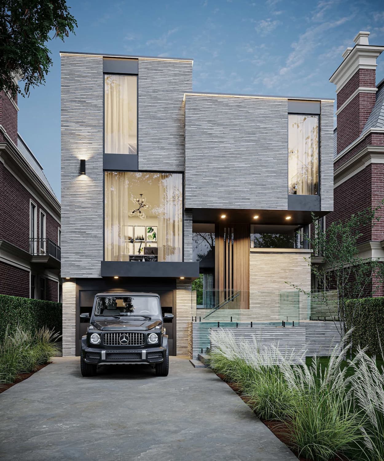 Narrow contemporary grey-brick house in evening light