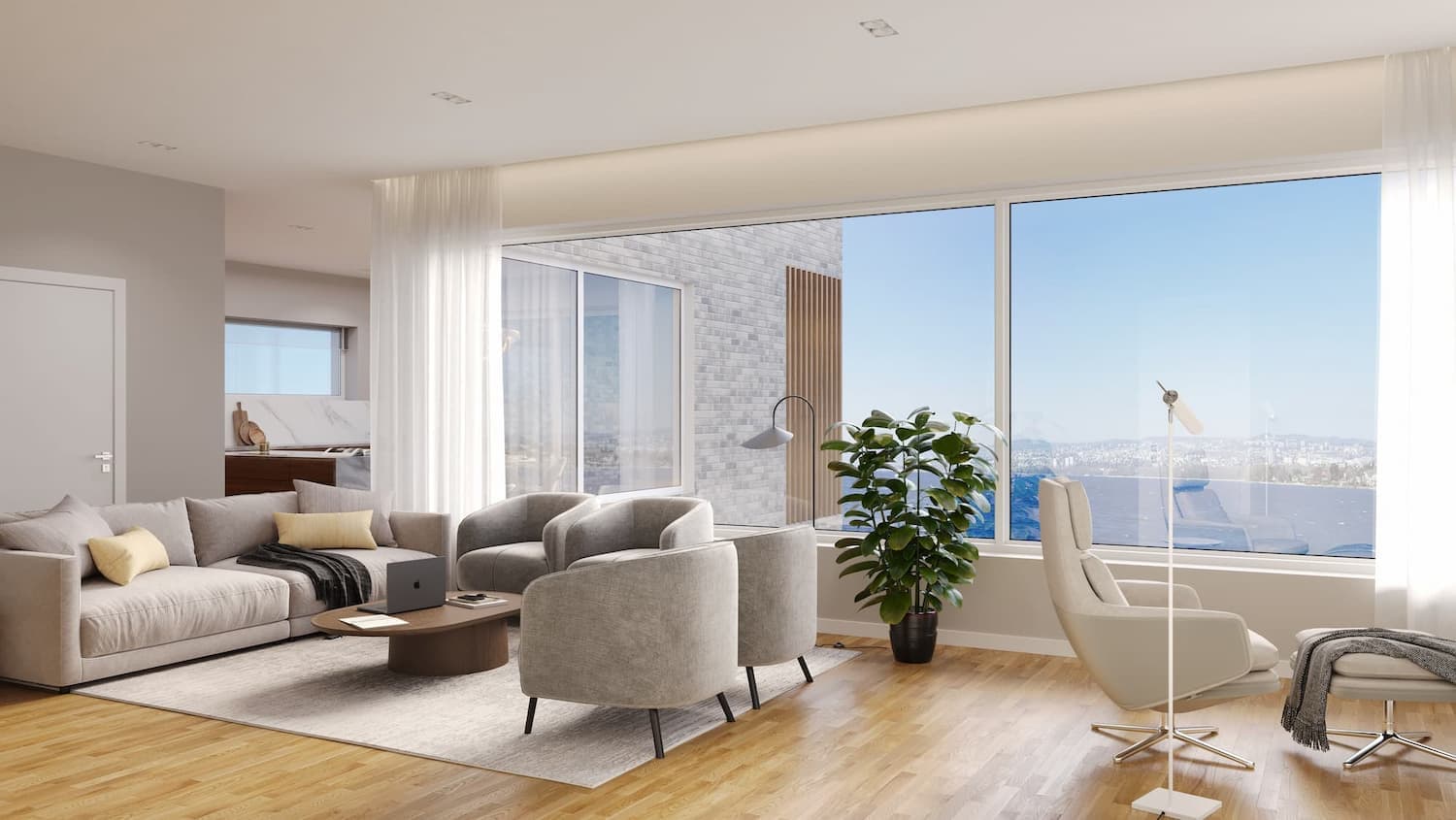 Interior Visualization of a Light-Filled Kitchen and Living Room