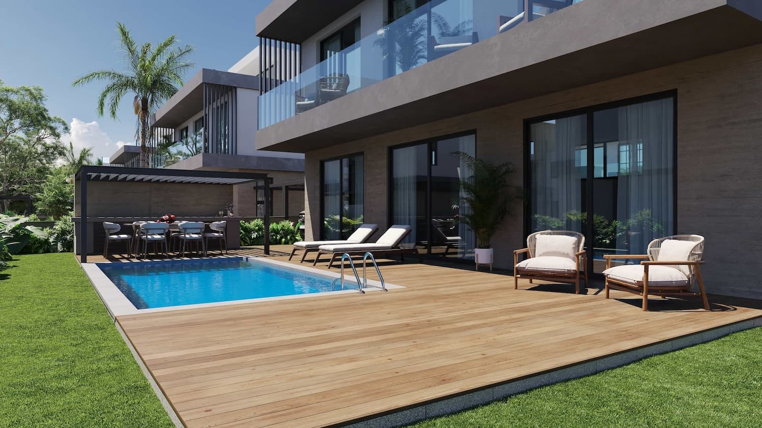 Private Contemporary Villa Community villa terrace with a pool, pergola, and lounge area
