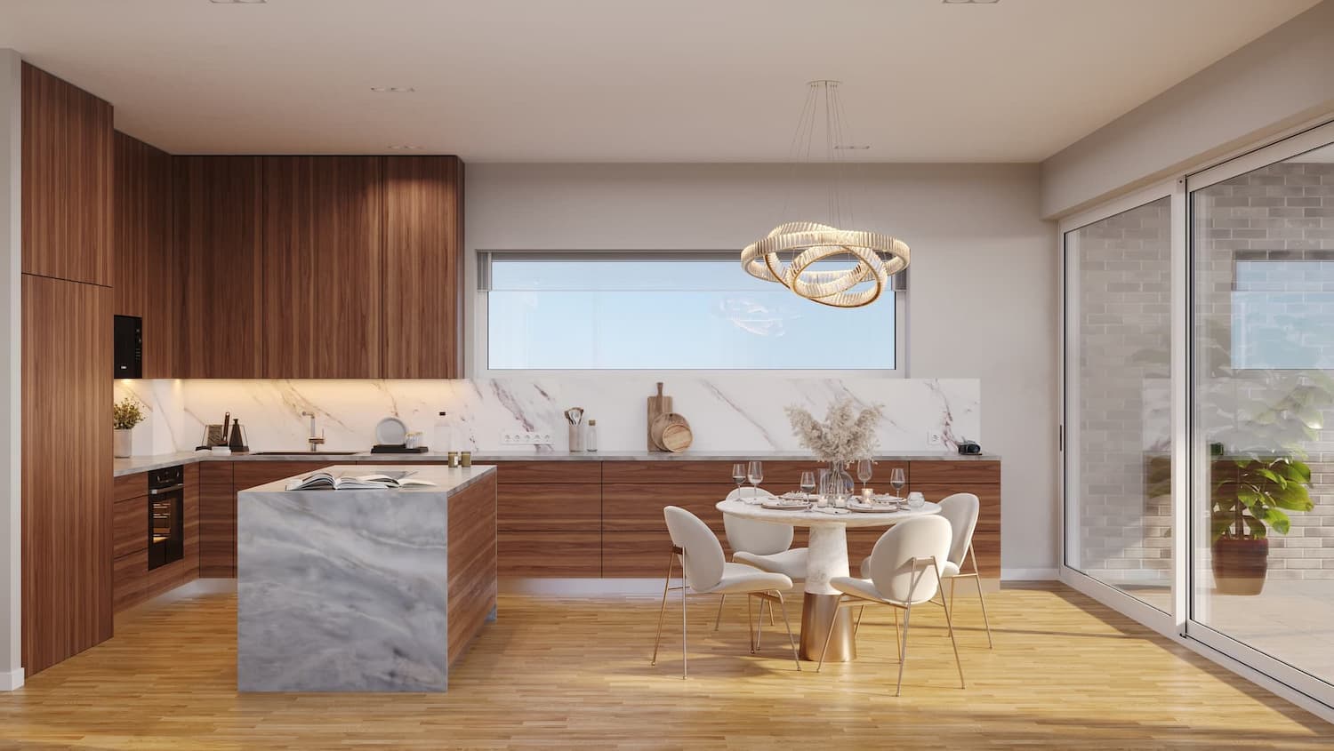 Contemporary Panoramic Interior kitchen with timber cabinetry, a stone island, and dining area