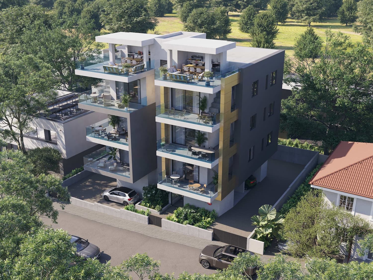 Elevated view of the Urban Terraces Residence building, upper terraces, balconies, and site