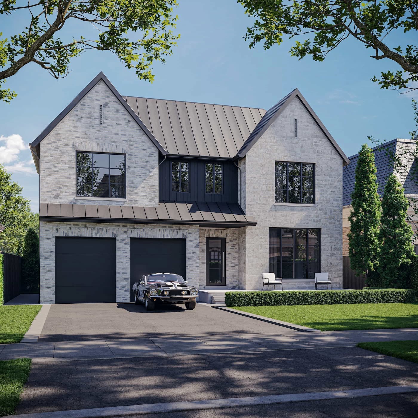 Exterior Visualization of a Double-Gable Light Brick Residence