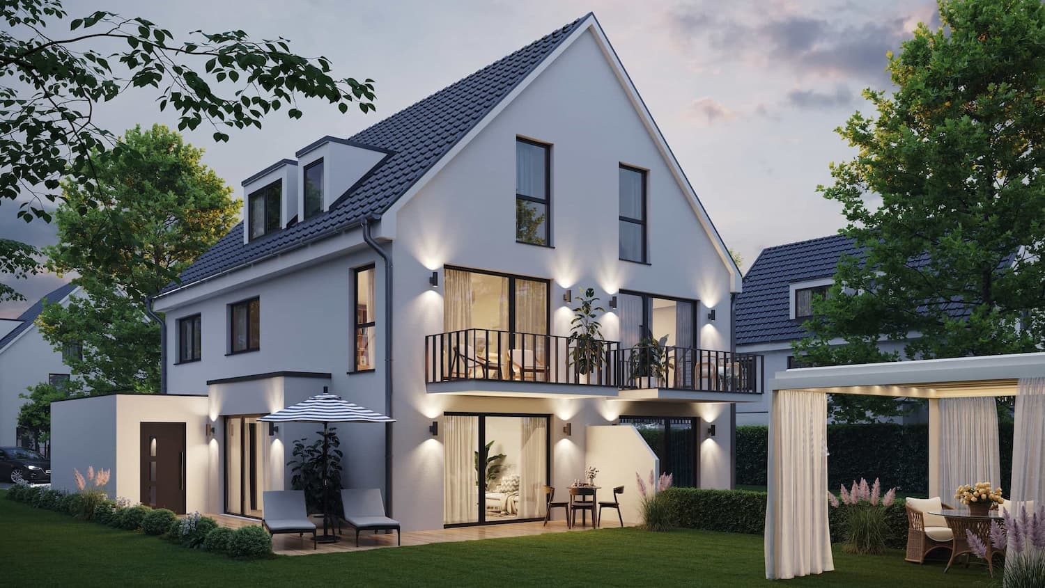 Exterior Visualization of a White Gabled House at Dusk