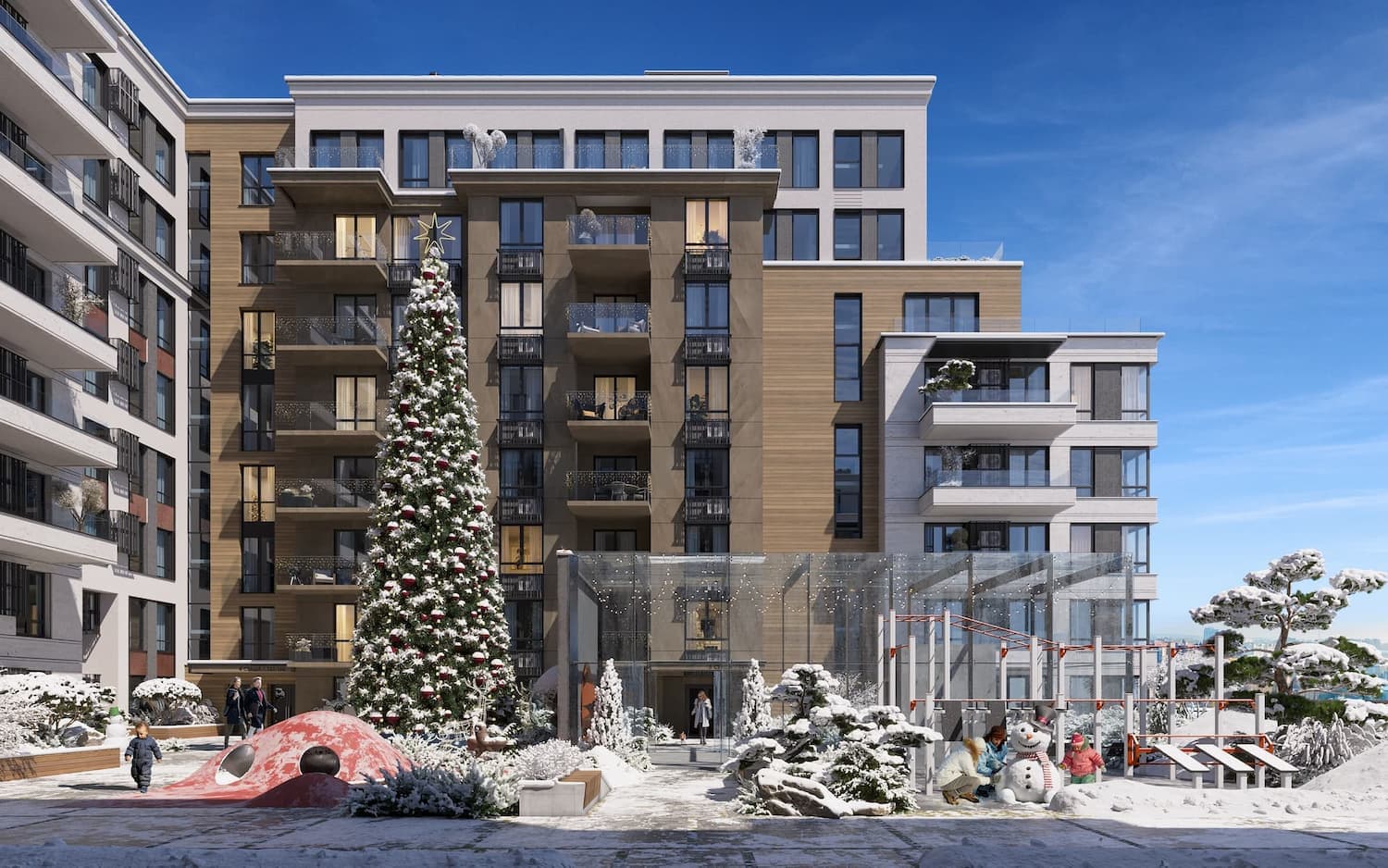 Winter courtyard at Winter Courtyard Complex with a decorated tree, lighting, and amenity areas