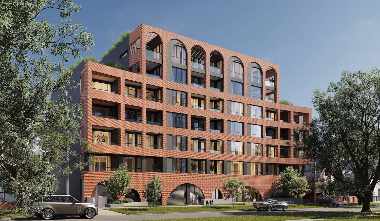 Exterior Visualization of a Brick Apartment Building with Arches